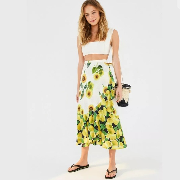 Anthropologie Farm Rio Sunflower Lemon Wrap Skirt - Picture 3 of 14